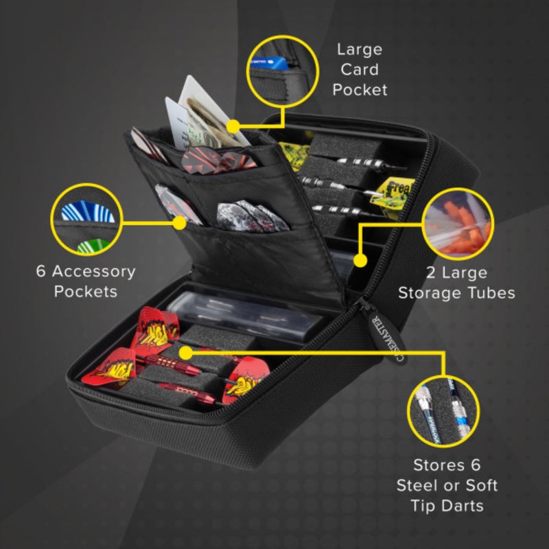 Casemaster Classic Nylon Dart Carrying Case for Steel and Soft Tip Darts, Holds 6 Darts Numerous Other Accessories via Generous Storage Pockets, Tubes and Boxes, Black - Image 2